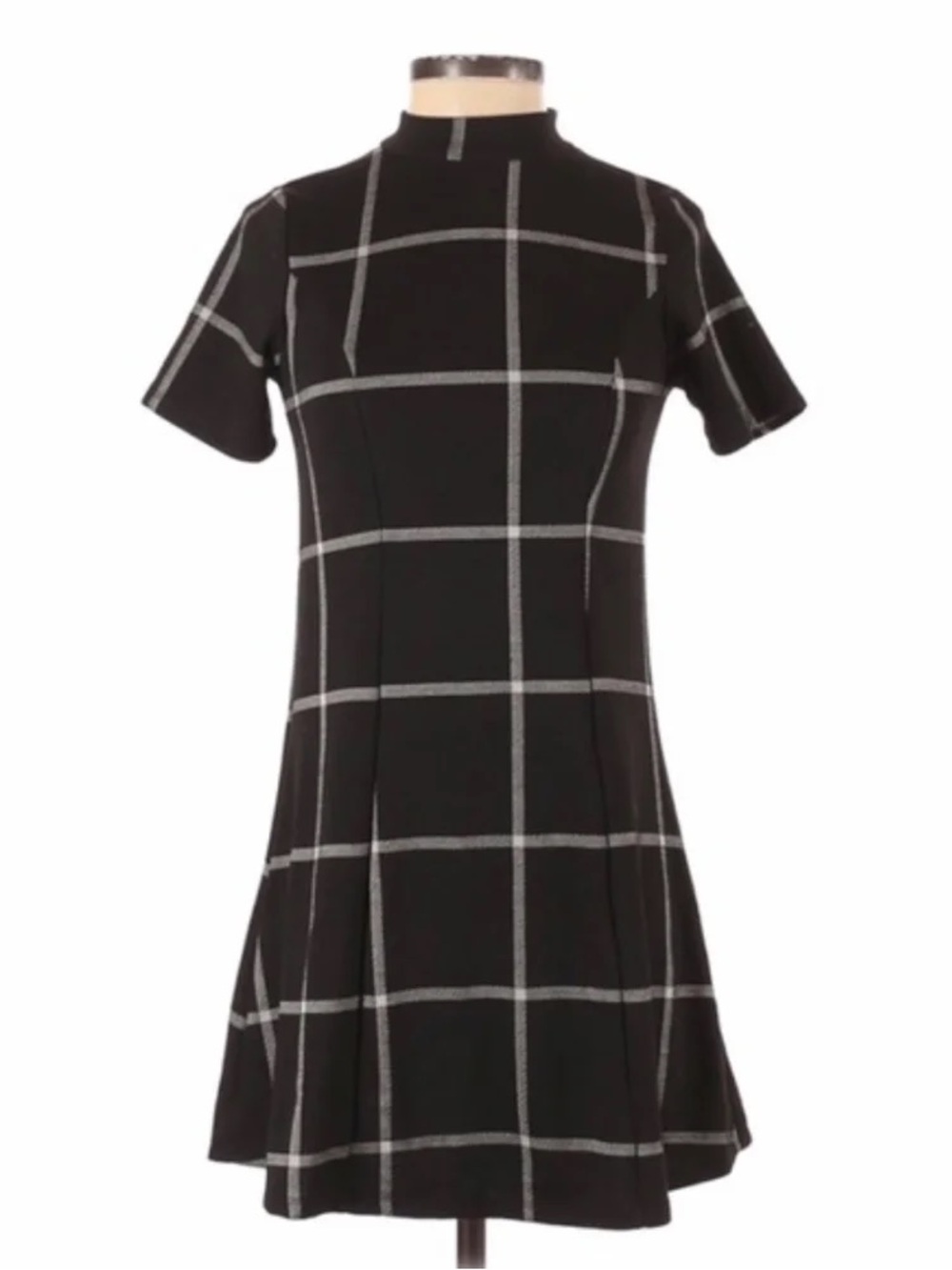 Monteau black plaid mock neck a-line mini dress